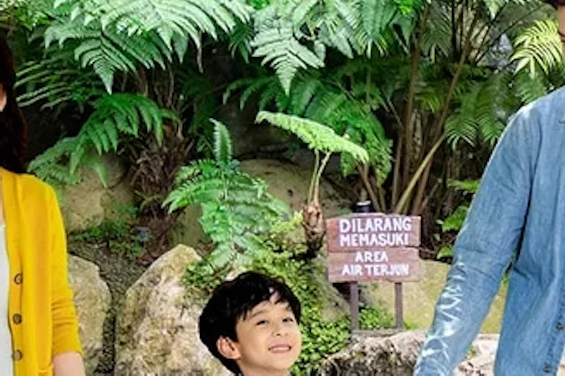 A family of three walking together on a cobblestone path surrounded by lush greenery and tropical plants.