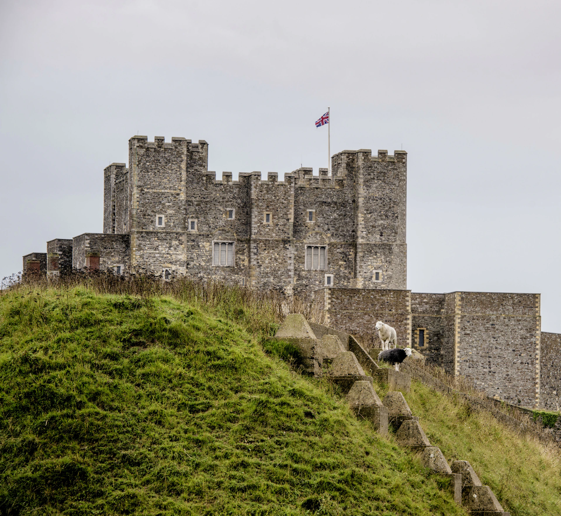 Stone castle with battlements and a flag on top, situated on a grassy hill with stairs, under a cloudy sky.