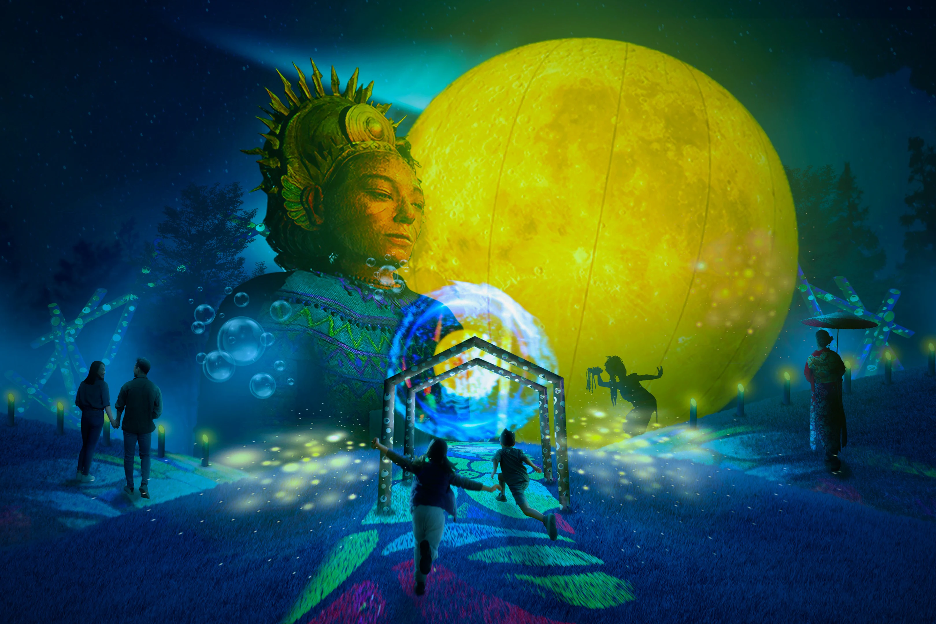 A surreal scene featuring a giant sun, a serene Buddha, bubbles, and people interacting with glowing pathways and structures.