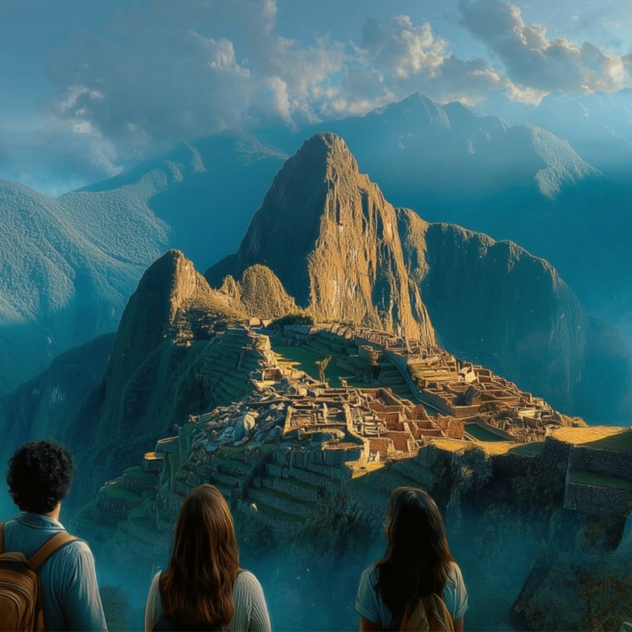 Tre personer med ryggsäckar ser de gamla ruinerna av Machu Picchu omgivna av branta, skogsklädda berg under en klar himmel.