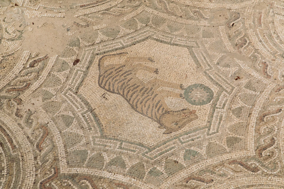 Mosaic of a tiger with a ball in a geometric and circular patterned frame made of small tiles in shades of beige, green, and brown.