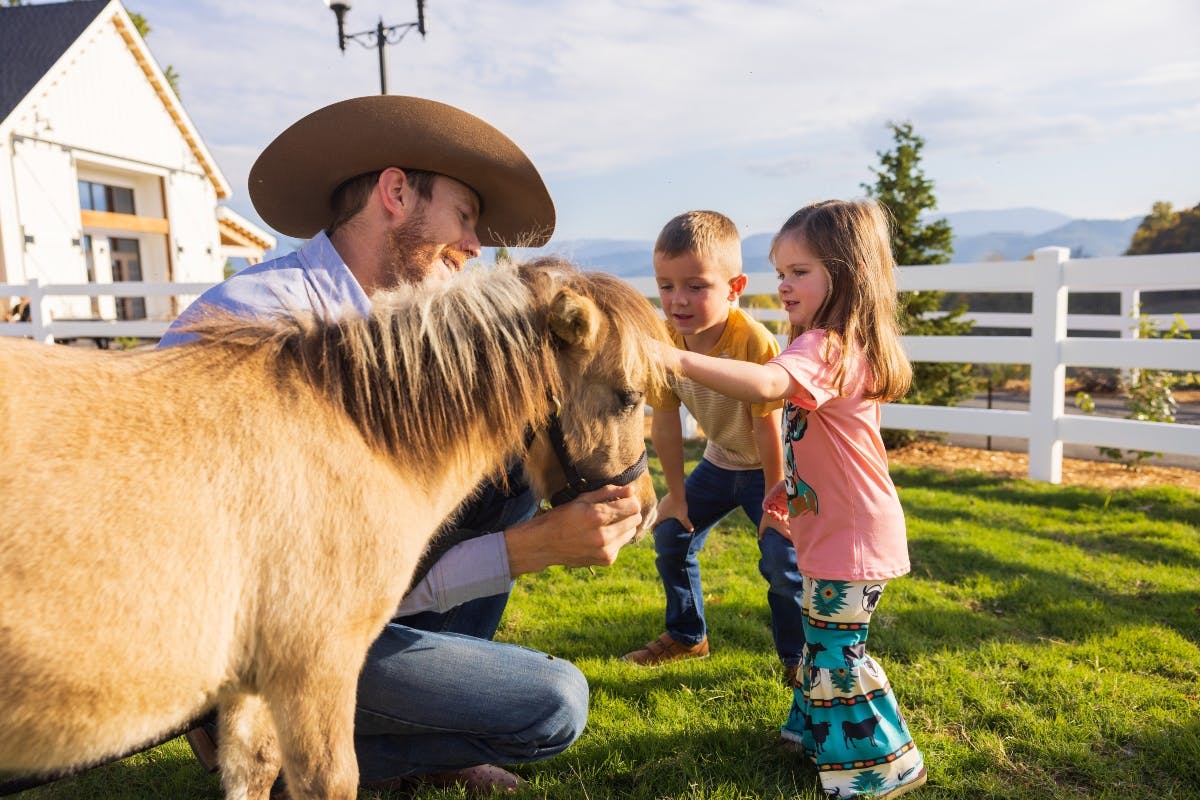 A man in a cowboy hat holds a small horse as two children pet it in a grassy, fenced area under a sunny sky.