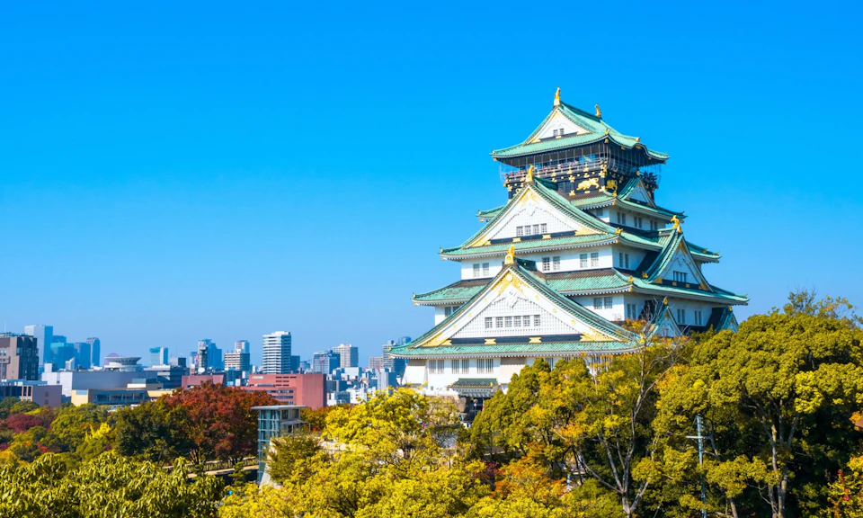 A traditional Japanese castle with green roofs surrounded by trees, with a city skyline visible in the background.