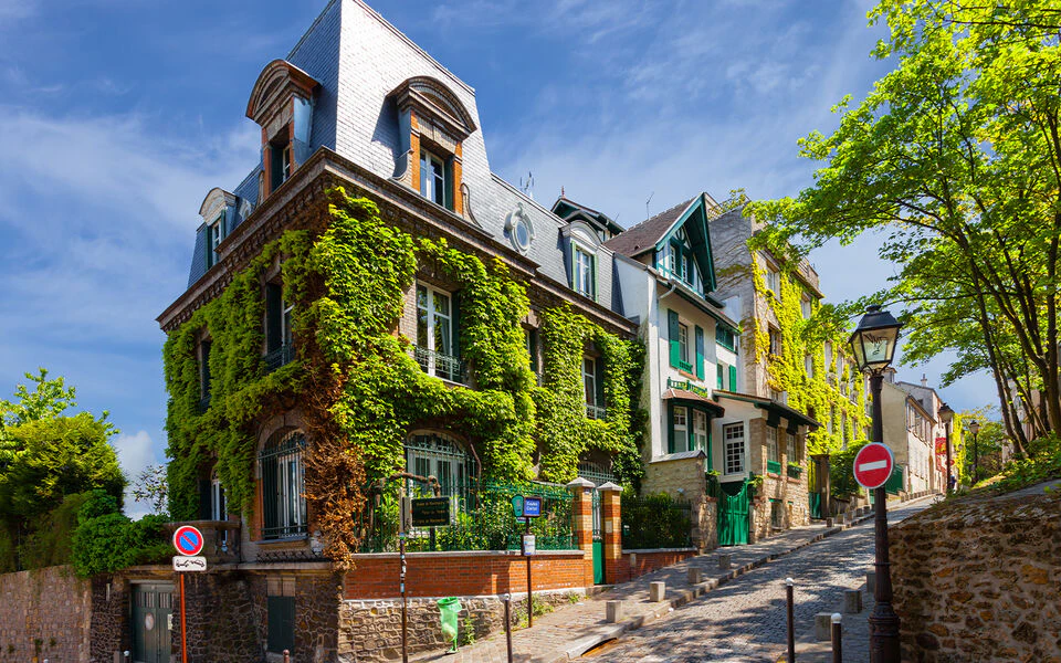 Charming ivy-covered houses with colorful shutters on a sunny, cobblestone street lined with trees.