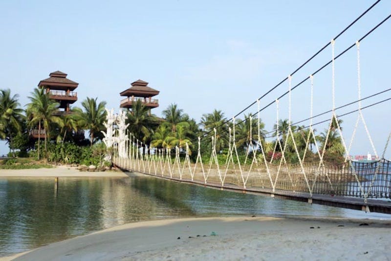 Pont de cordes au-dessus de l&#39;eau menant à une zone tropicale avec des palmiers et des structures en bois. Ciel clair en arrière-plan.