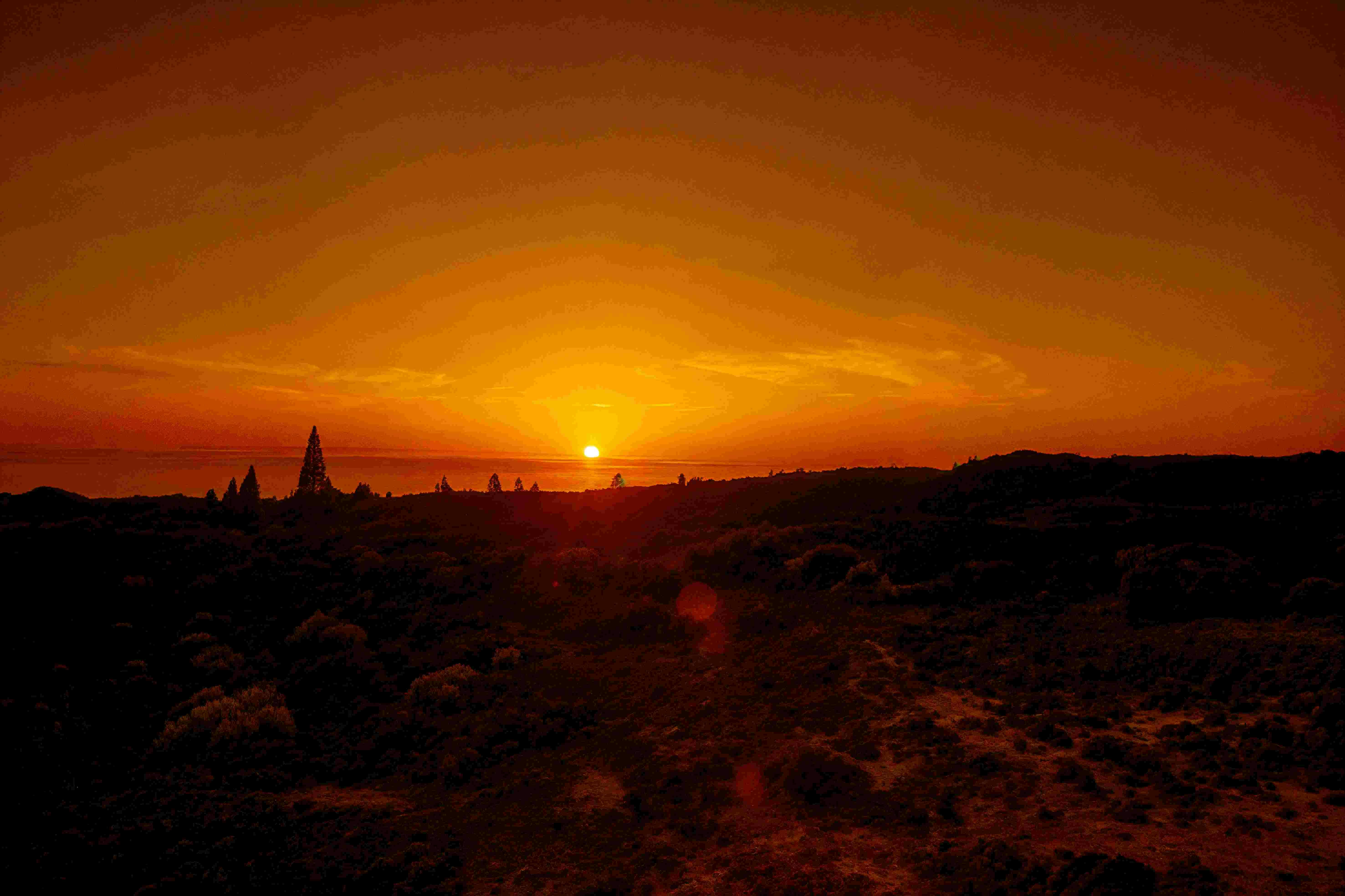A vivid sunset over a hilly landscape with silhouetted trees and an orange sky.
