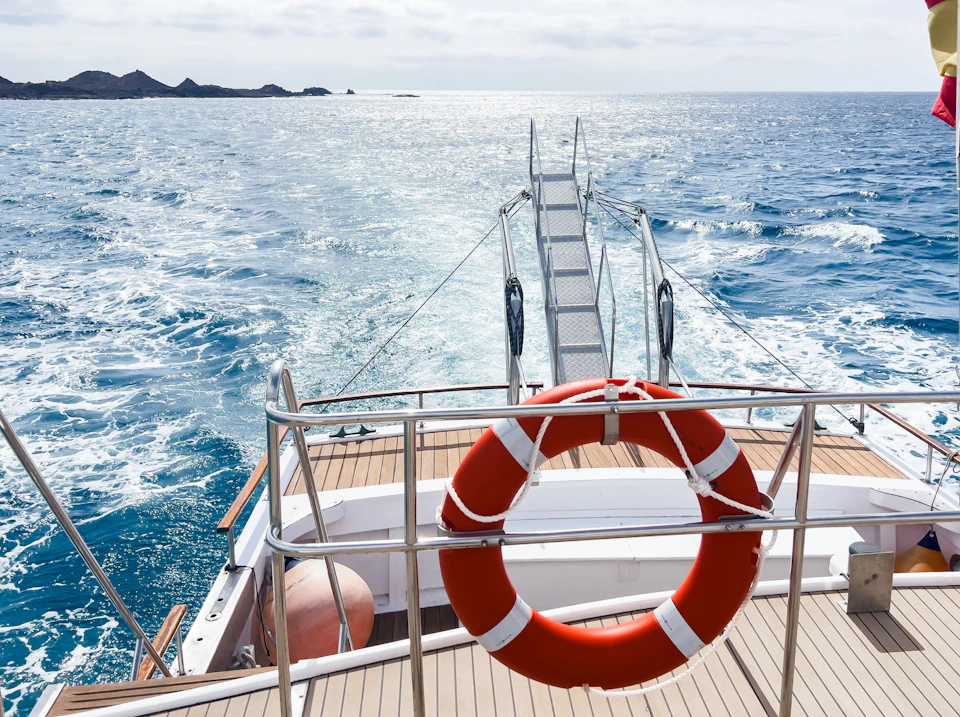 Deck of a boat with a red lifebuoy, a metal ladder leading to the ocean, and distant dark rocks on the horizon.