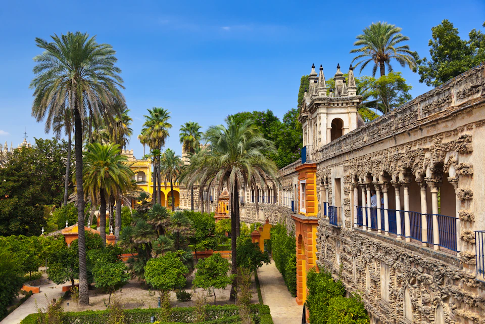 Historic building with ornate stone walls, arches, and palm trees in a garden under a clear blue sky.