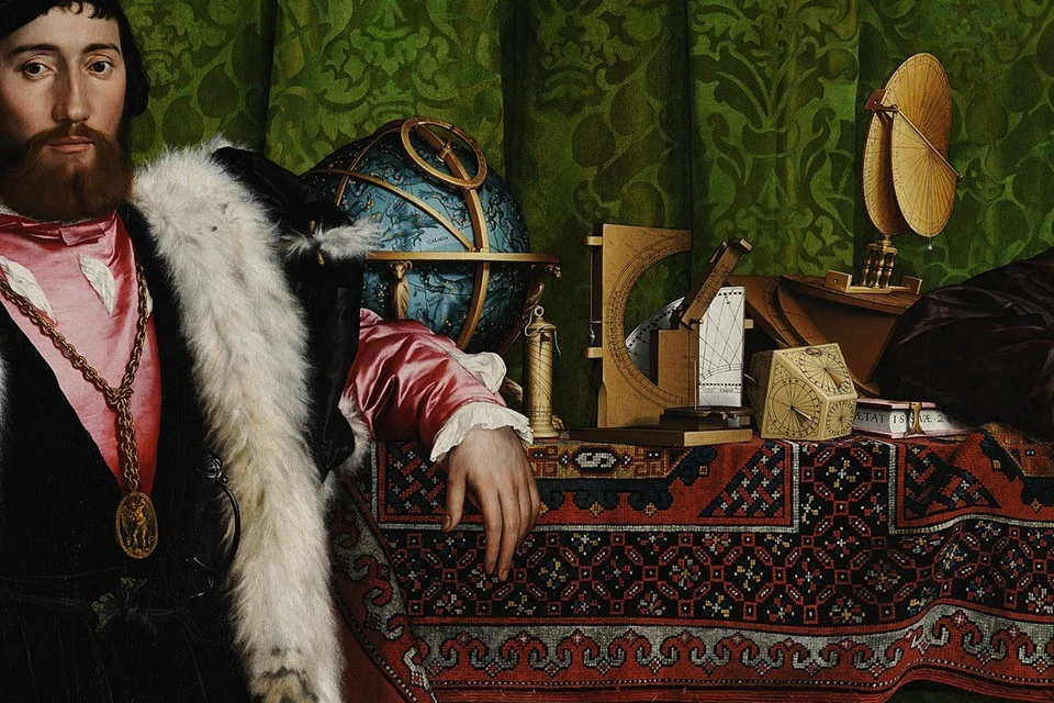 Two men in 16th-century attire stand beside a table with scientific instruments and books, against a green patterned curtain.