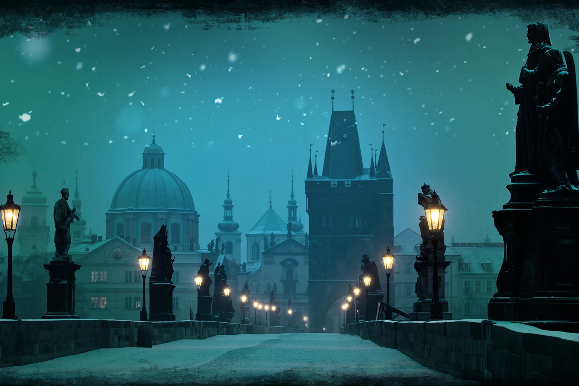 A snowy, illuminated bridge with statues and lampposts, leading to historic buildings under a teal sky.