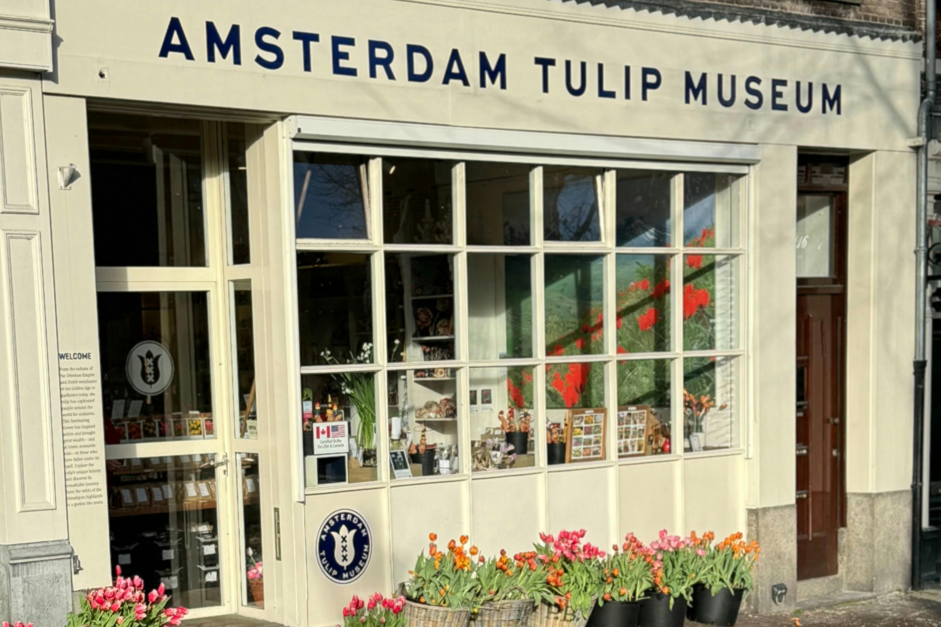 Fasaden på Amsterdams tulpanmuseum, med en fönsterdisplay med tulpaner och en skylt ovanför ingången.