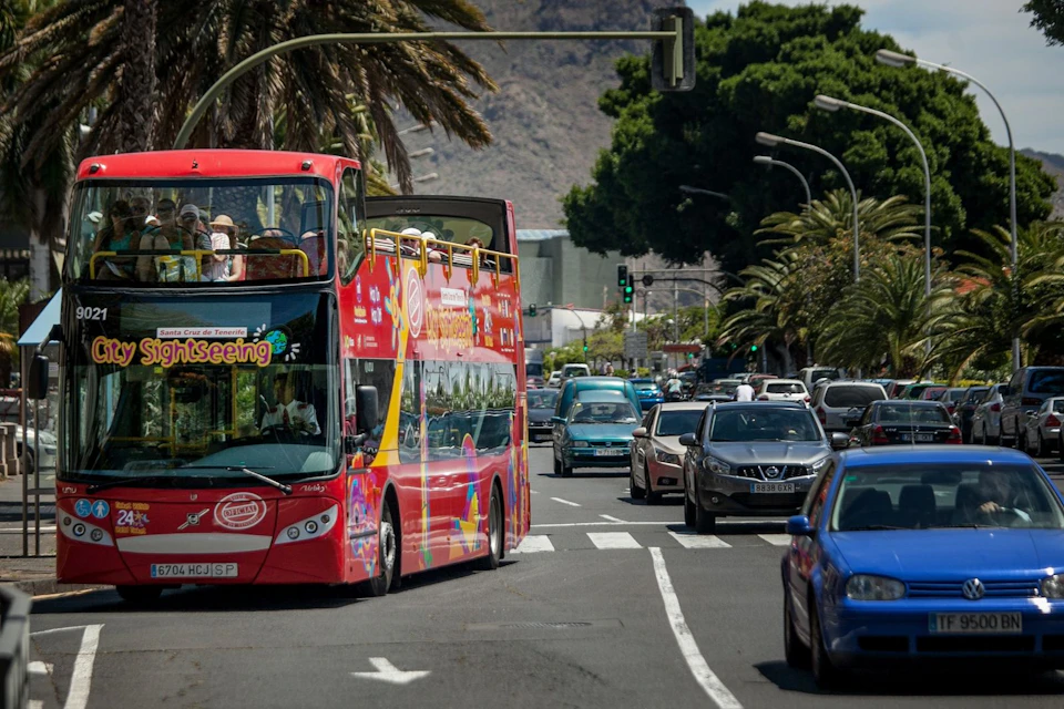 A red double-decker sightseeing bus drives down a busy street lined with cars, trees, and palm trees.
