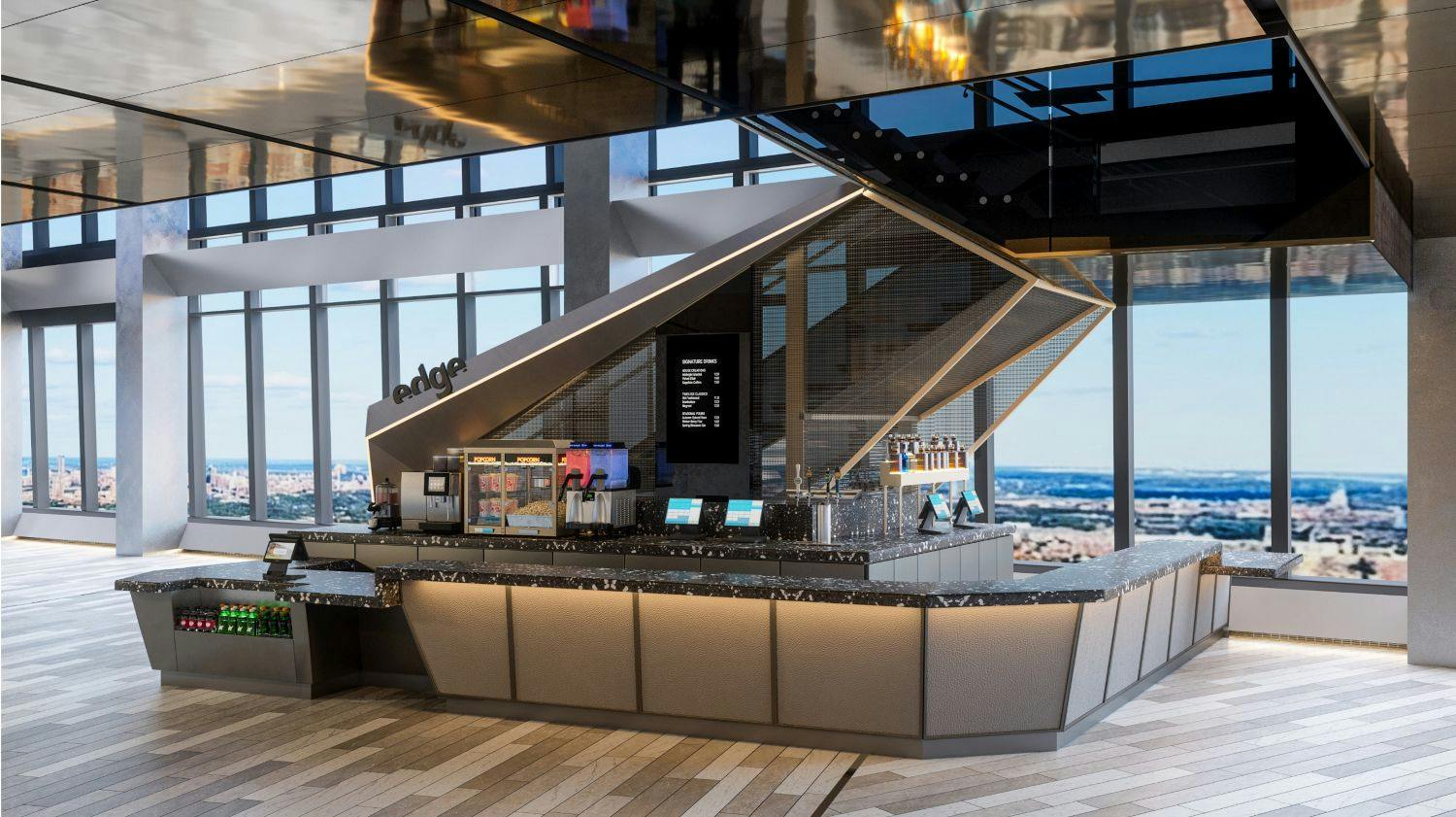 A modern cafe counter with beverage dispensers, menu screens, and a geometric backdrop, located in a high-rise setting.