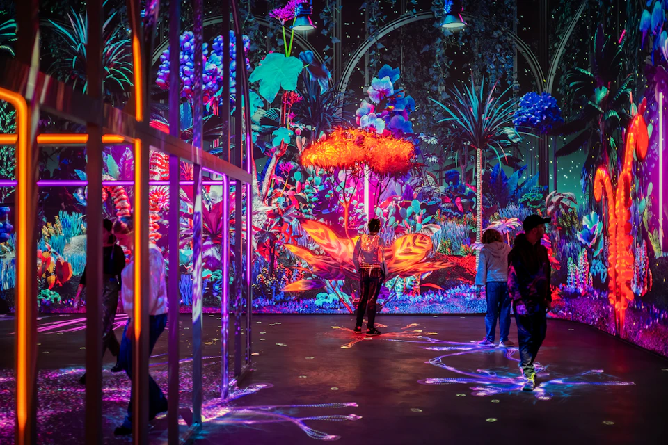 People exploring a vibrant, illuminated interactive exhibit with colorful, glowing plants and projections in a dark space.