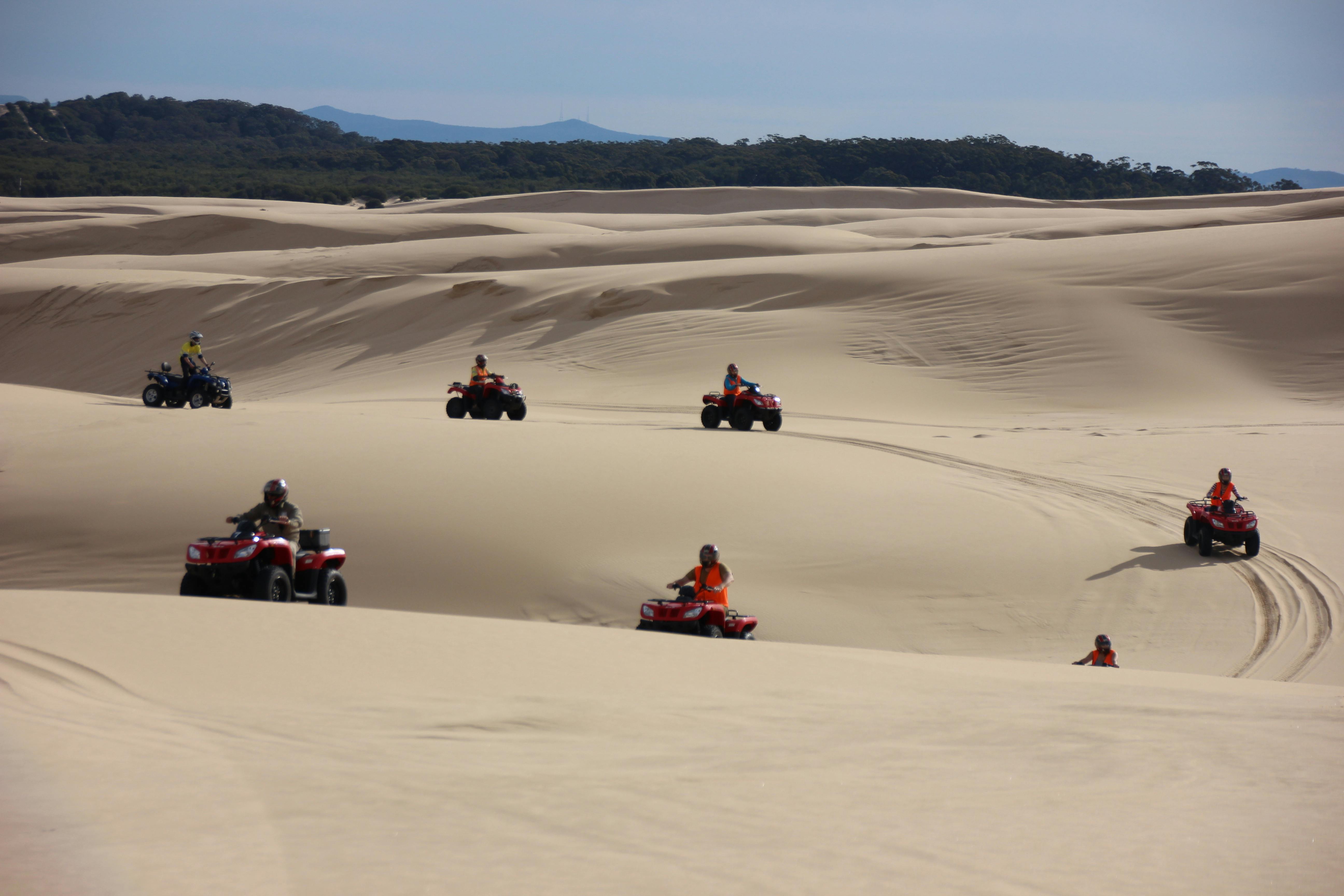 Persone che guidano ATV rossi su vaste dune sabbiose sotto un cielo limpido. In lontananza sono visibili colline boscose.