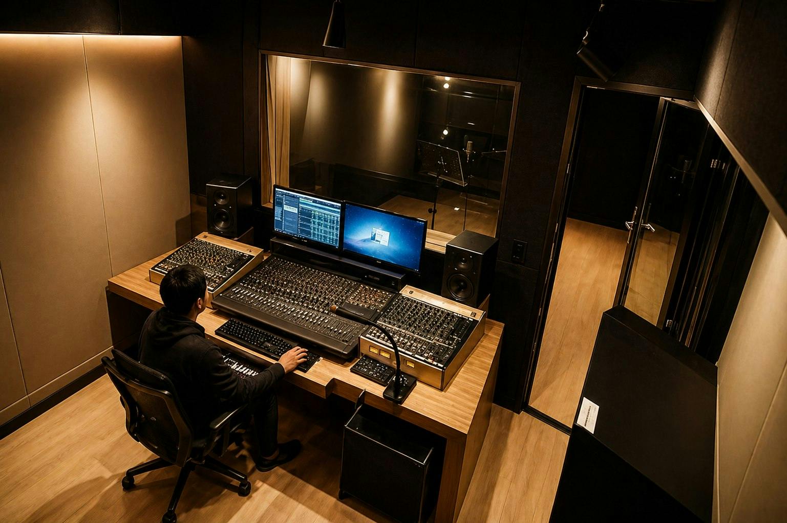 A person working at a professional audio mixing console in a recording studio with a soundproof booth visible through a window.