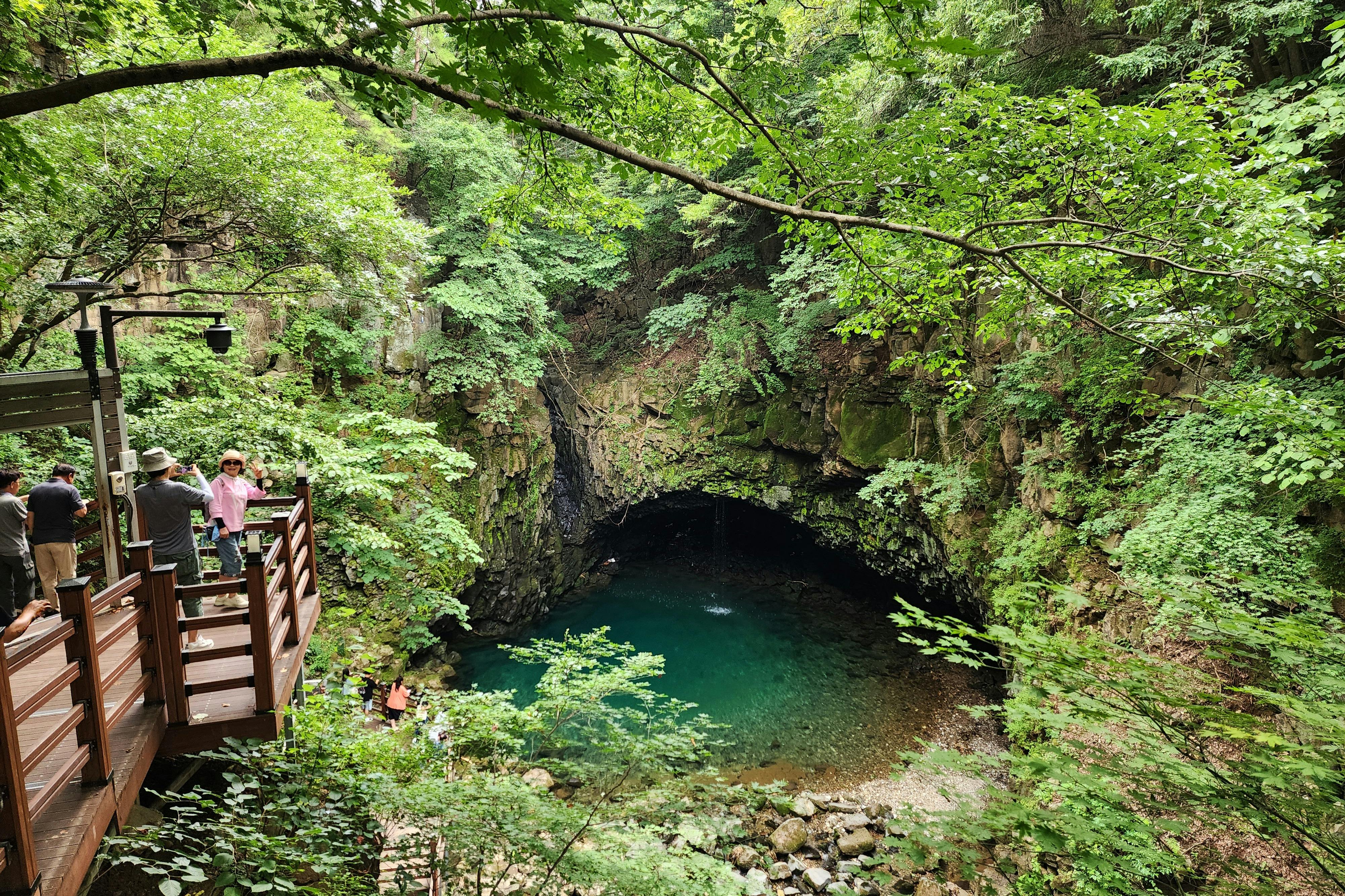 A lush green forest surrounds a small, clear turquoise pool at the base of a rocky cave. People are viewing from a wooden platform.