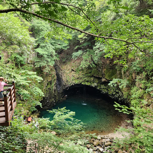A lush green forest surrounds a small, clear turquoise pool at the base of a rocky cave. People are viewing from a wooden platform.