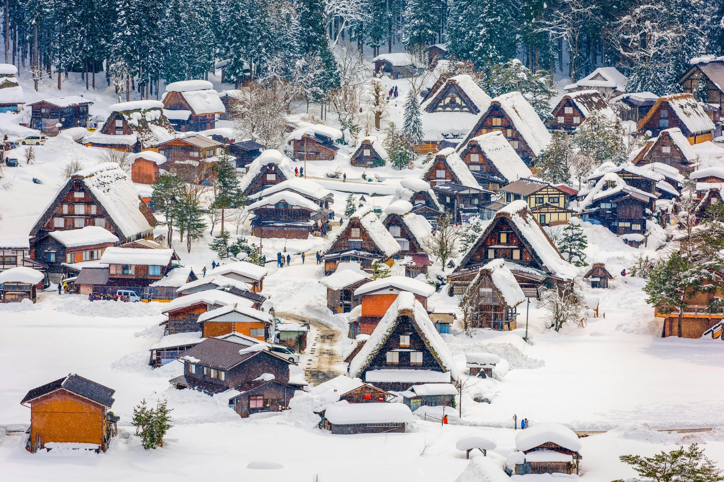 Snow-covered traditional houses in a village surrounded by trees, with people walking on paths between the buildings.