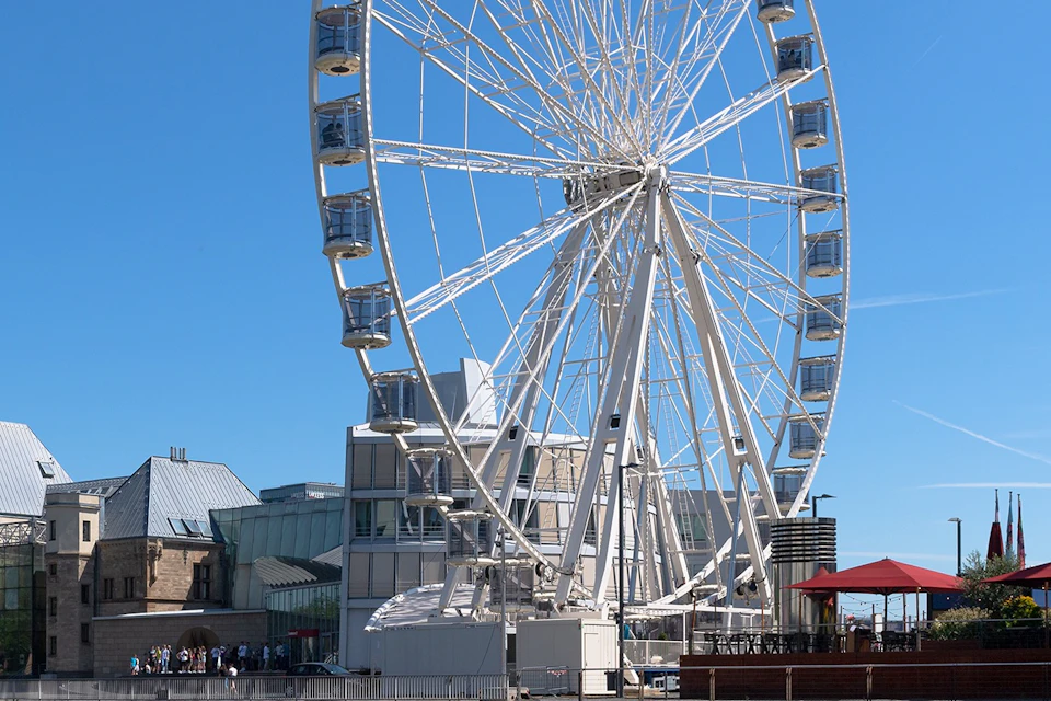 View of the Ferris wheel with the Chocolate Museum in the background