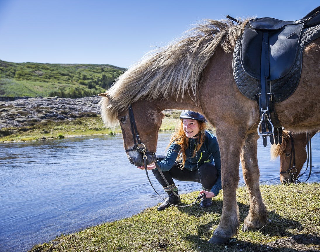 A smiling person squats beside a saddled horse near a stream with grass and hills in the background under a clear blue sky.