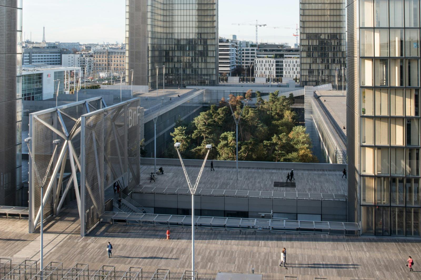 Modern urban plaza med trädäck, träd i en central trädgård och höga glasbyggnader i bakgrunden.