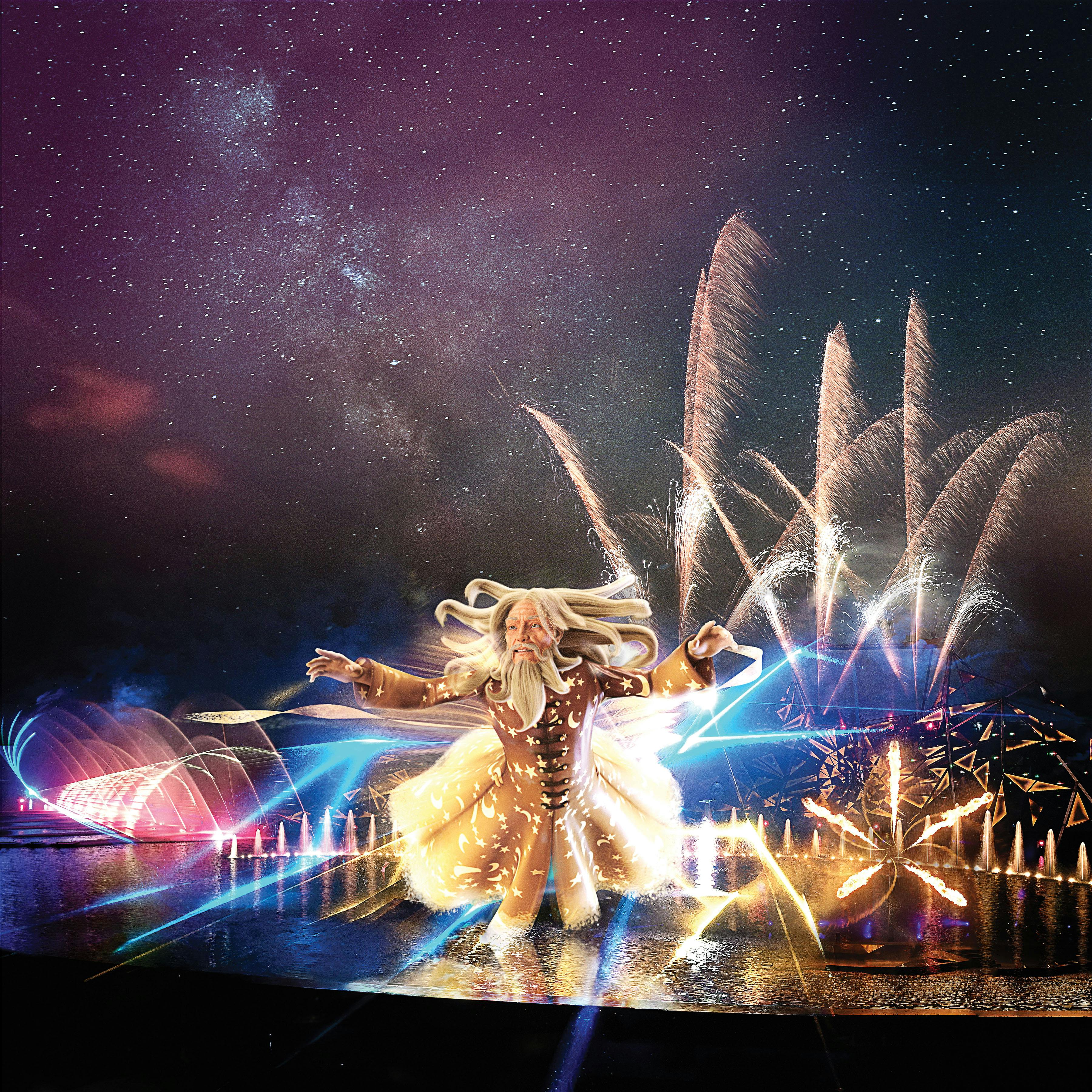 A vibrant nighttime scene with fireworks, water fountains, and a performer in an illuminated outfit under a starry sky.