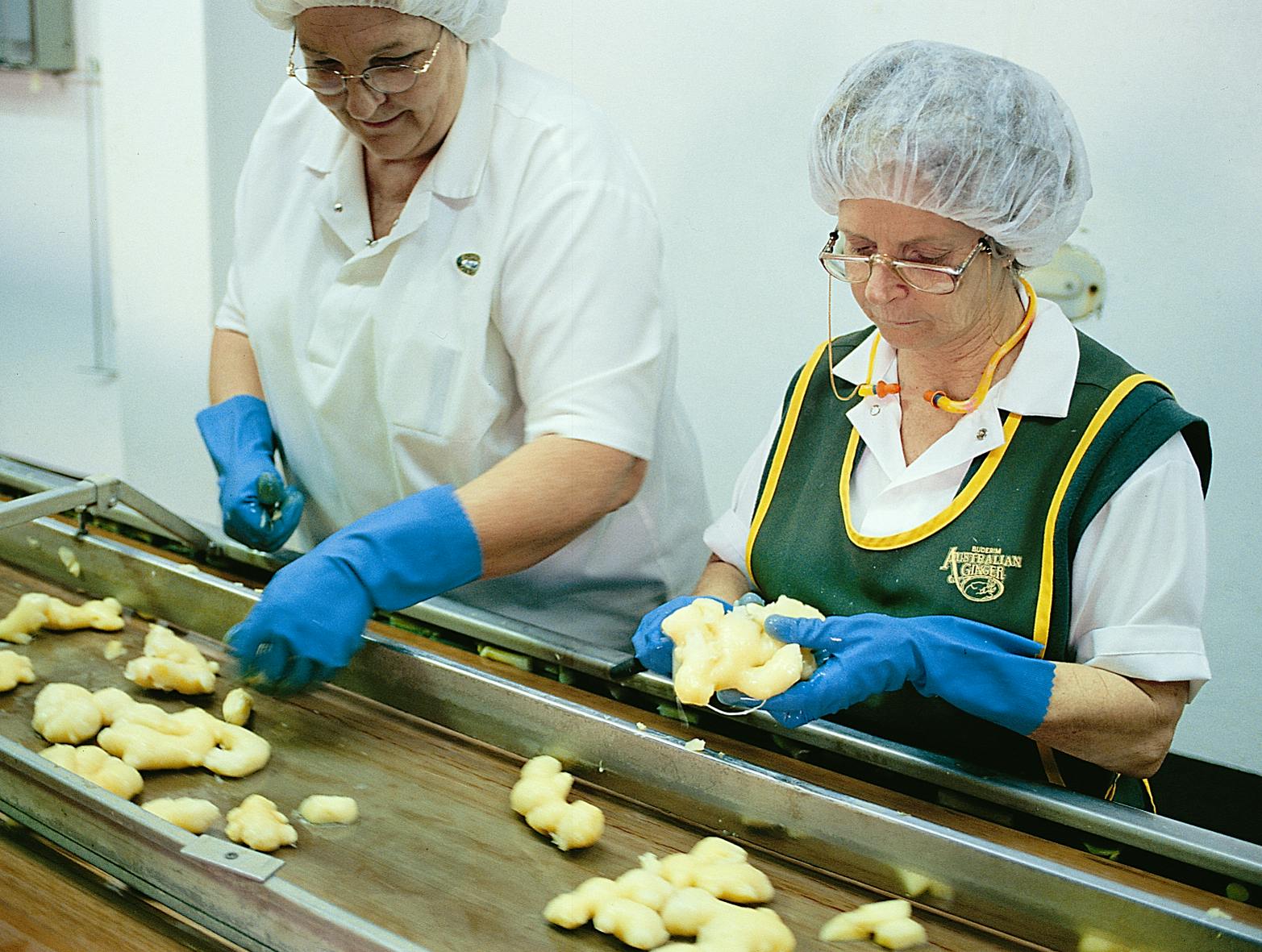 Two workers wearing hairnets, glasses, gloves, and uniforms sorting food items on a conveyor belt in a processing facility.