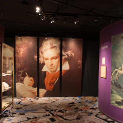 Konstutställning med ett stort porträtt av Beethoven, en historisk målning av Napoleon till häst och montrar med dokument.