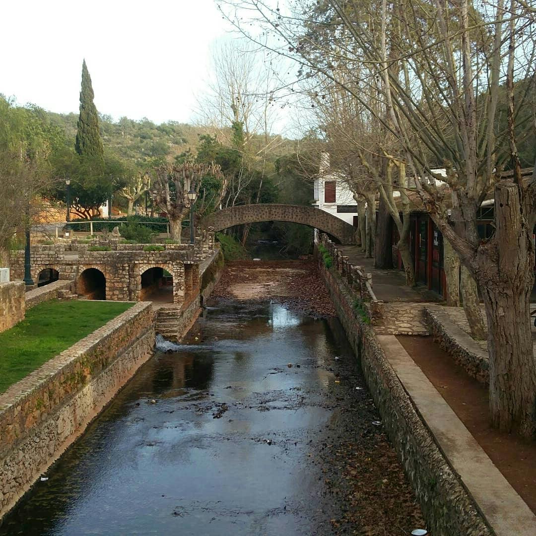 狭窄的绿树成荫的溪流上的一座石桥，两侧都有建筑物和小径。