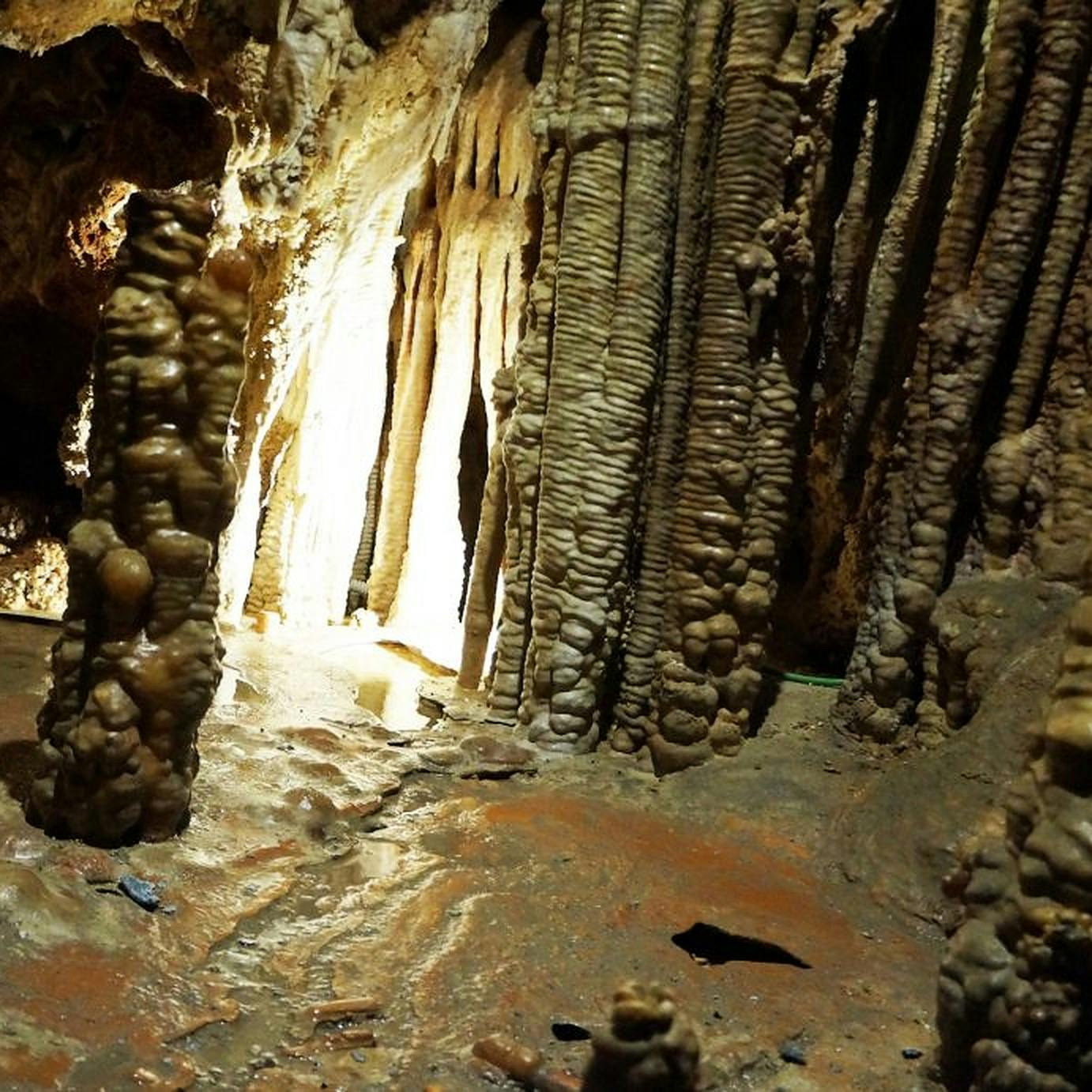 Osvětlený interiér jeskyně s velkými stalaktity a stalagmity různých velikostí, vytvářející strukturu skalnaté krajiny.
