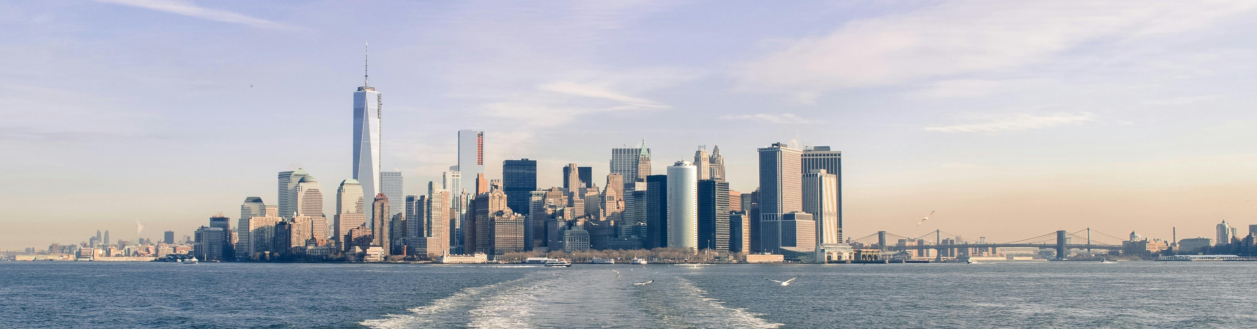 城市的天际线，海滨有高耸的摩天大楼，从水面上可以看到海鸥飞翔的景色。