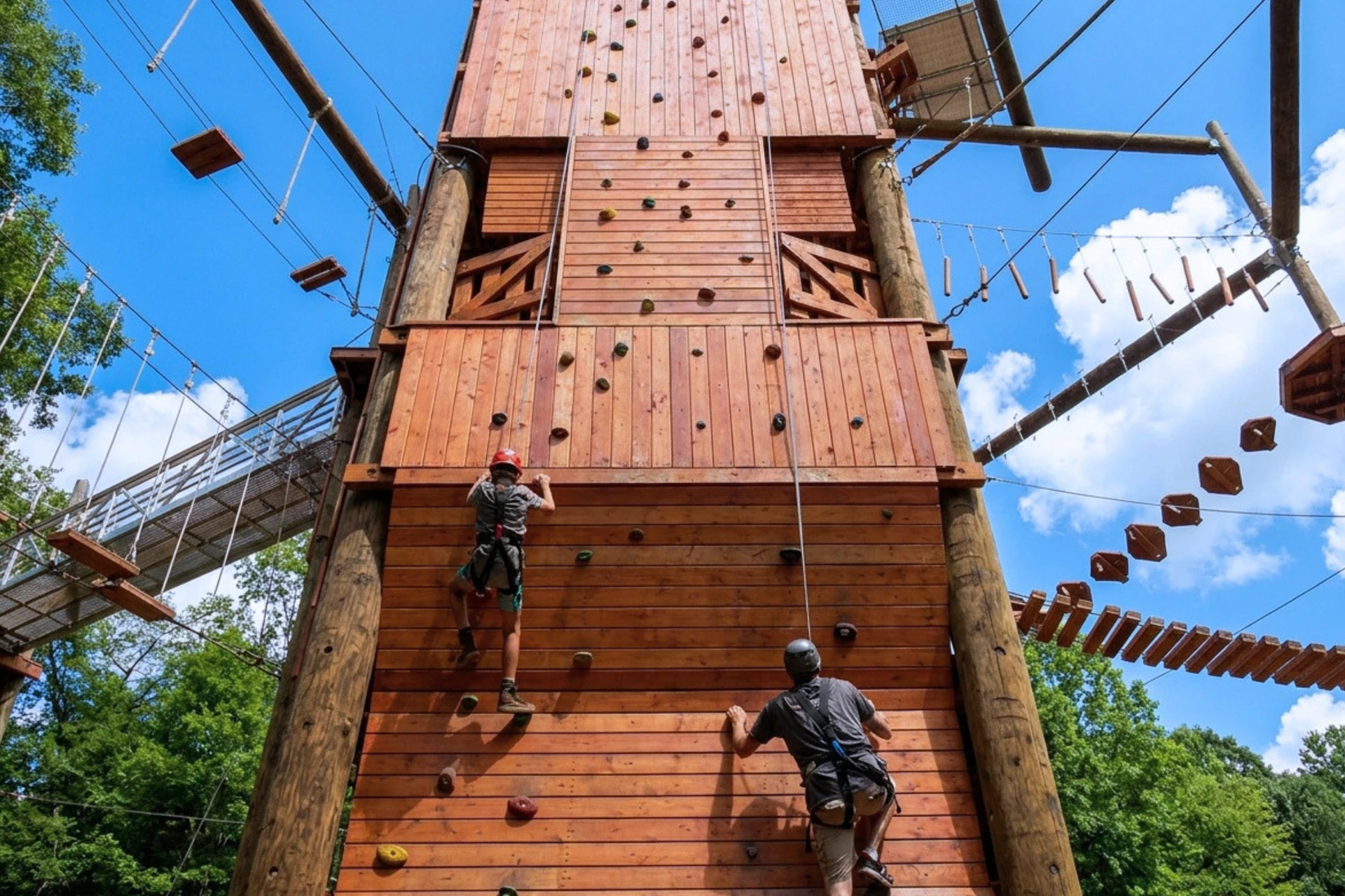 Two people climbing a tall wooden climbing wall outdoors, with bright sky and ropes elements visible in the background.