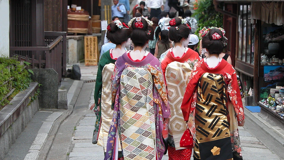 A group of people in traditional Japanese attire walking along a narrow street, seen from behind.