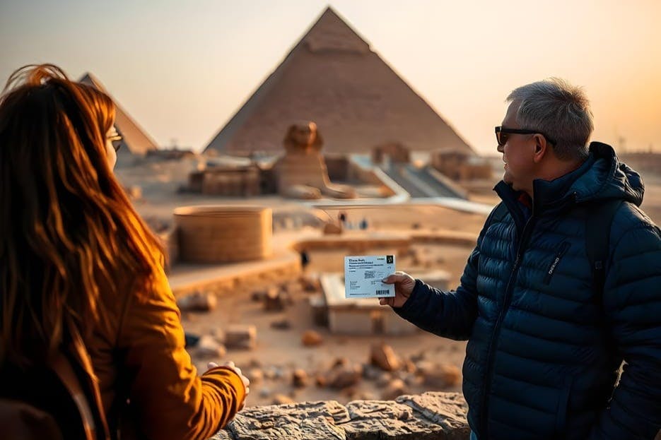 日落时分，一个穿着羽绒服和太阳镜的人在大金字塔和吉萨狮身人面像前拿着一张票。