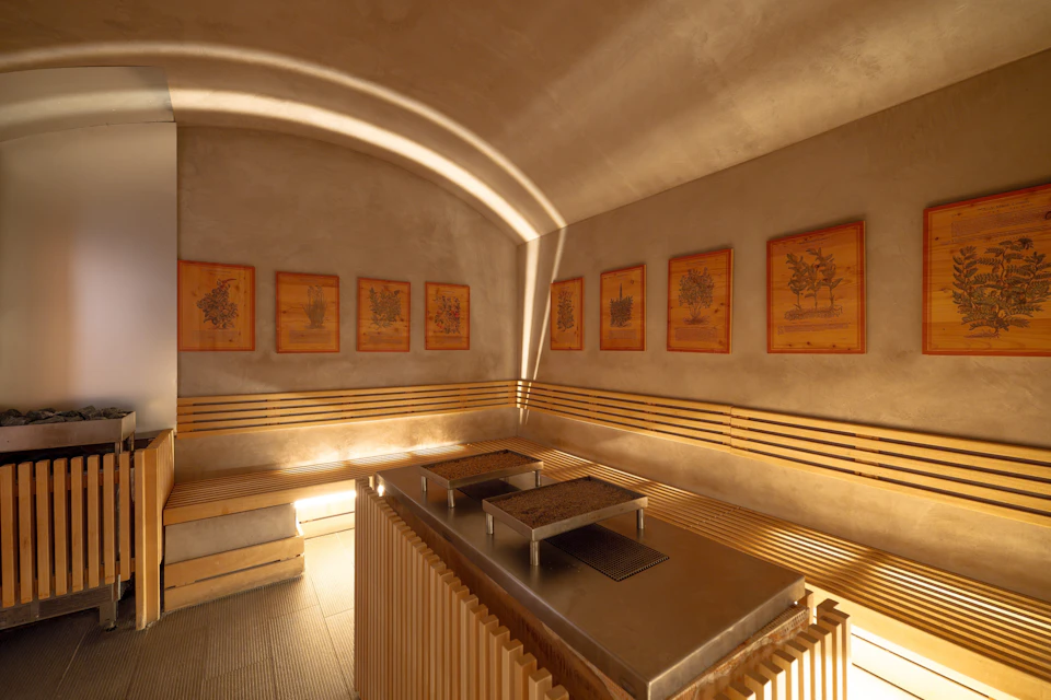A cozy sauna room with wooden benches, framed botanical prints on the wall, and a central heating element.