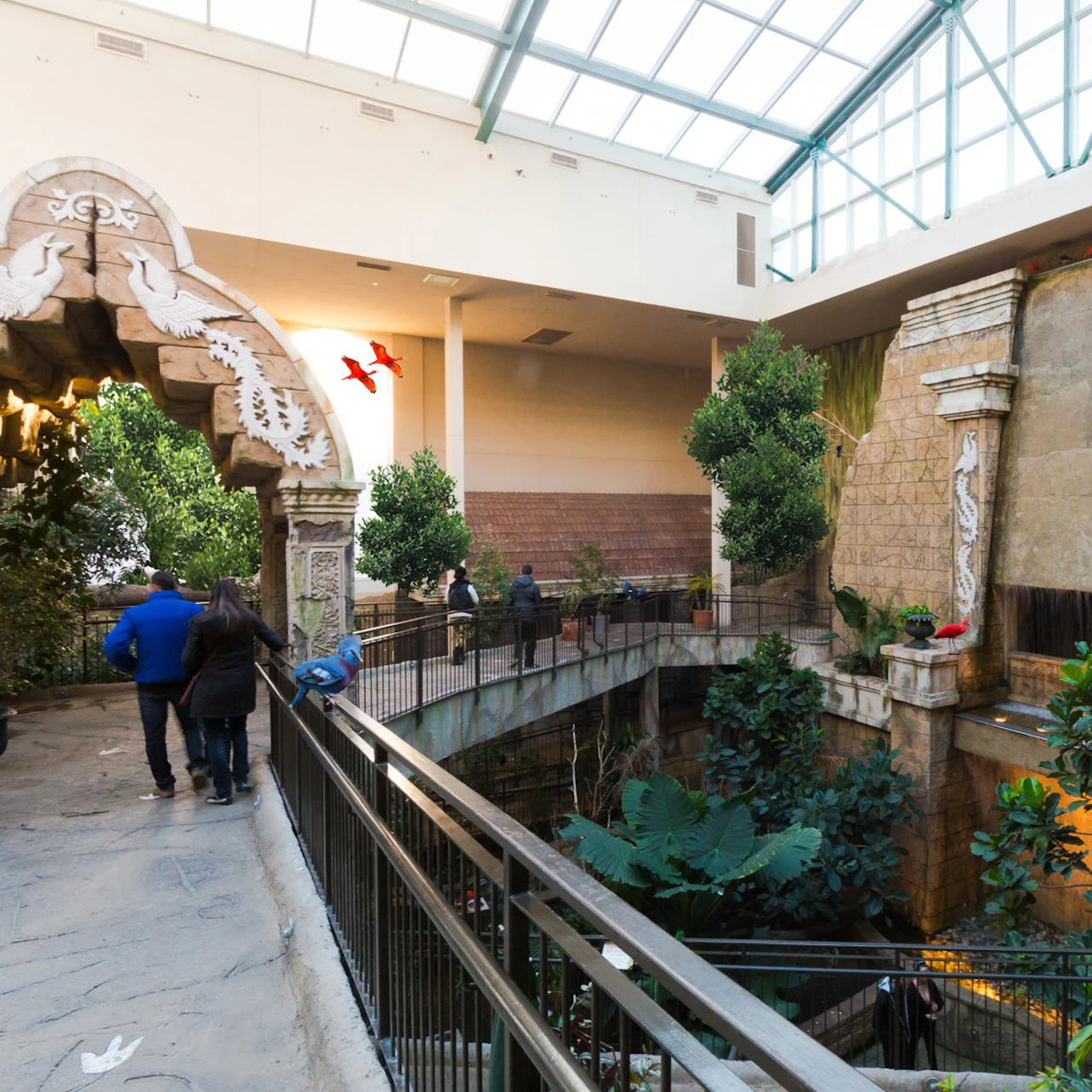 Large open room with a glass ceiling, with people walking down elevated walkways through the treetops