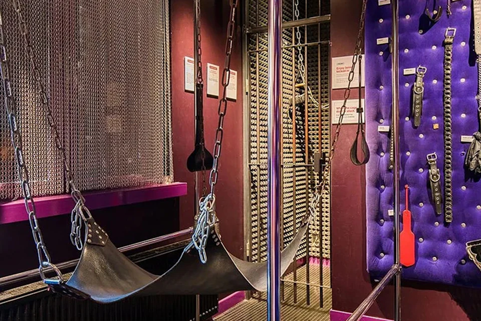 Room with a leather swing suspended by chains, purple padded wall panels, metal grate, and informational signs on walls.
