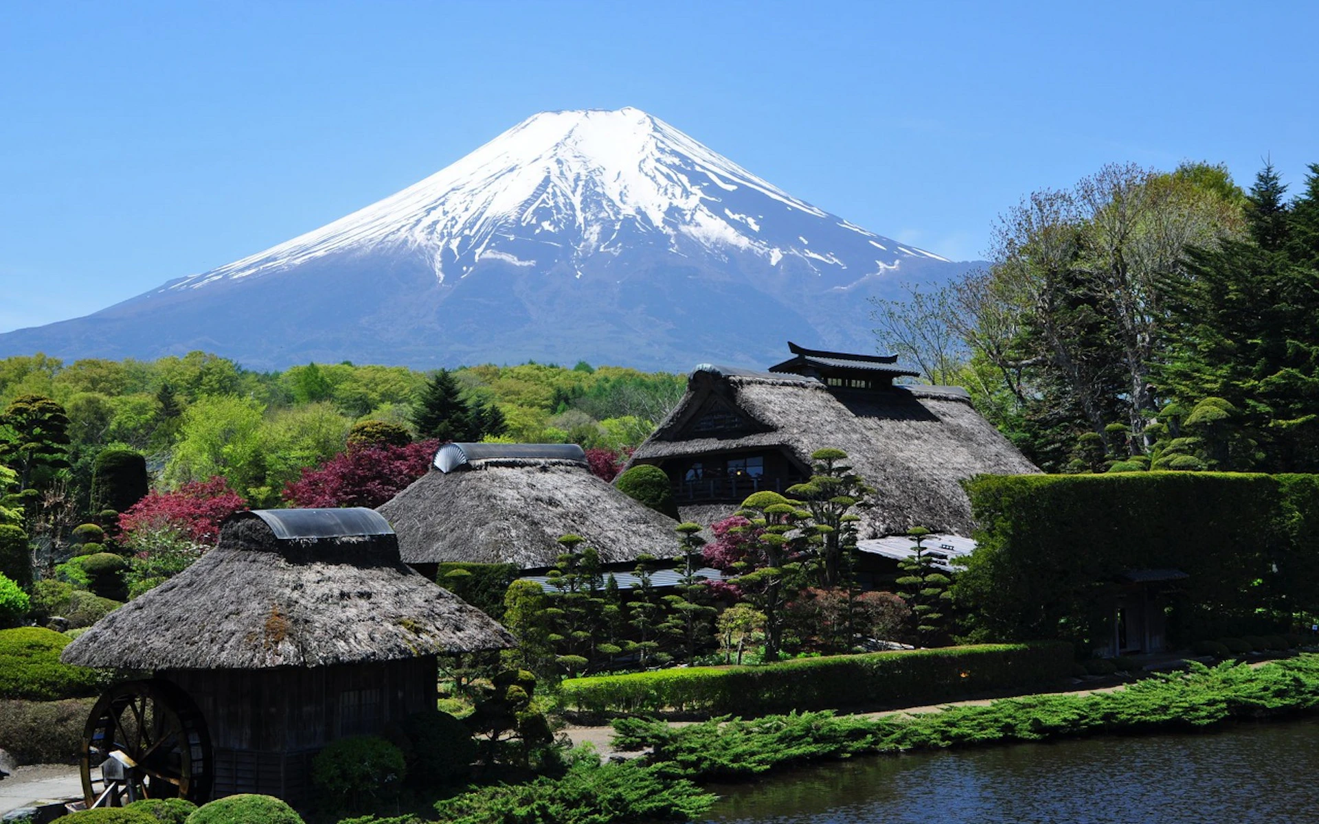 Traditional Japanese village with thatched-roof houses, surrounded by gardens, with Mount Fuji visible in the background.
