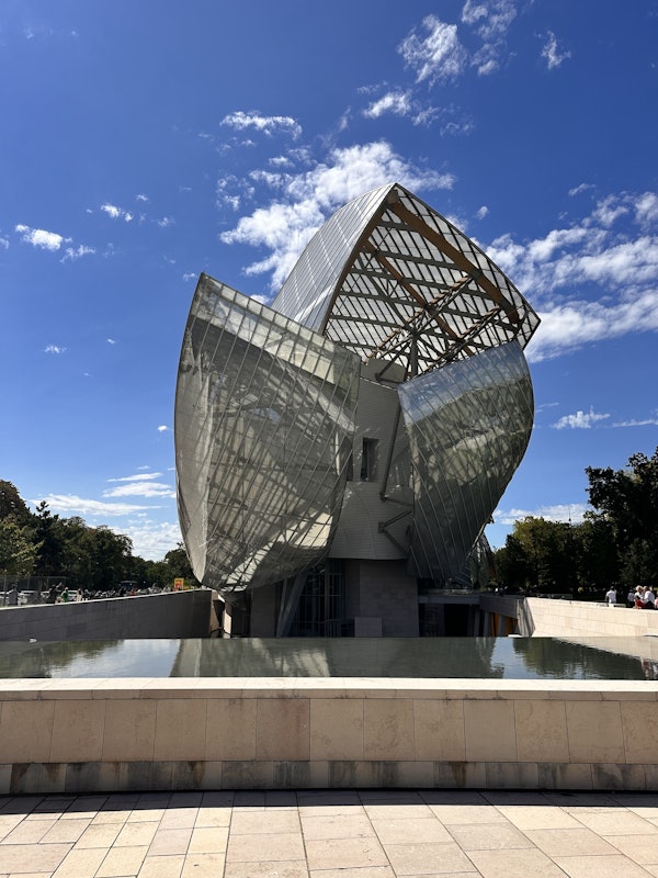 Entrance logo welcomes visitors to the Fondation Louis Vuitton in