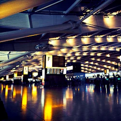 Vid vy över en flygplatsterminal med belysta incheckningsskyltar (D, E, F), flyginformationstavlor och reflekterande golv.