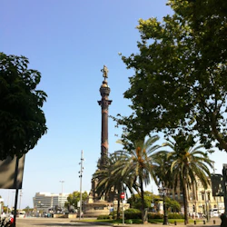 Ett högt monument av en person på en pelare omgiven av palmer mot en klarblå himmel. Upptagen gata med klassiska byggnader.